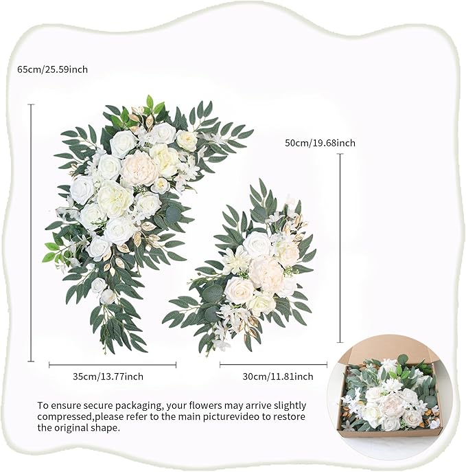 Pack of 2 Wedding Arch Decorations Artificial Hanging Flowers Floral Swag for Wedding Welcome Sign Backdrop Balloon Arch Home Party Bridal Ceremony Reusable(White)