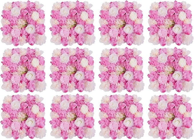 12pcs Artificial Flower Panels, 3D Floral Mat Silk Hydrangea Rose Floral Panel for Wedding Backdrop Wall Decor Shop Photo Backdrop, Festival & Event Wall Décor (15 x15in, Pink)