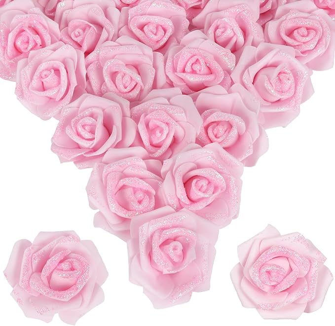 100pcs Light Pink Glitter Roses 2.56" Foam Glitter Flowers Fake Roses Pale Pink Flowers Artificial Roses for Bridal Shower Centerpieces DIY Wedding Flower Arrangements (Light Pink)