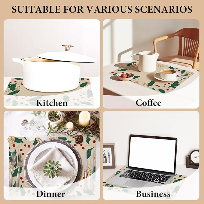 Beige Christmas Placemats Set of 4, Berries Dining Mat Cotton Linen Waterproof Table Mats Decor Fabric for Christmas Holiday Kitchen Dinner Table, Washable Wipeable Placemat -N039