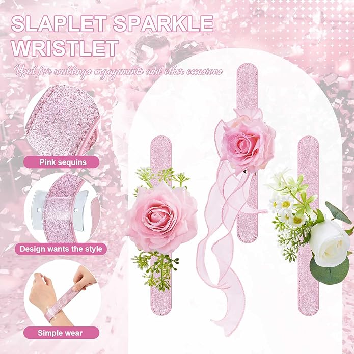 6 Pieces Slaplet Wrist Corsage Bracelets Wristlet Band Floral Corsage Slaplets Wedding Bracelets DIY Wrist Accessories for Bridesmaid Bridal Shower Party Prom