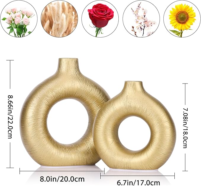 Gold Vase Decor Donut Vase Set of 2 - Circle Hollow Vases, Modern Matte Ceramic Vases for Entryway Living Room Bedroom Dining Table Centerpiece Office Home Decor