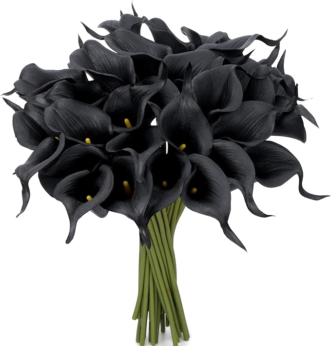 24 Pcs Black Artificial Calla Lily Flowers Fake Black Silk Flowers Real Touch for Wedding Bouquet Office Home Kitchen Decor