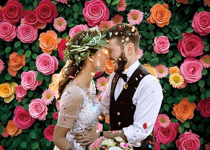 Flowers Backdrop for Photography Colorful Rose Floral Green Leaf Wall Backdrop for Valentine's Day Wedding Bridal Shower Birthday Party Decoration Supplies (82x59 inch (7x5FT))