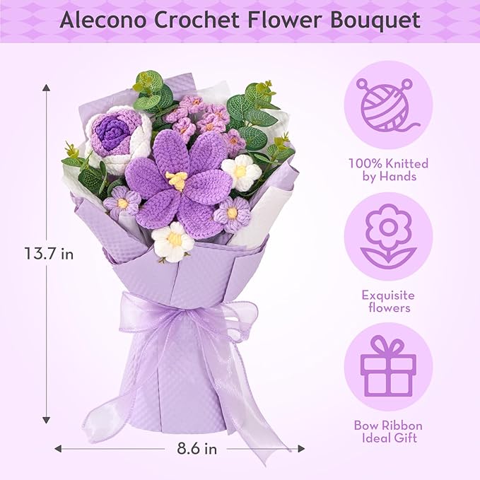 Alecono Crochet Flower Bouquet, Knitted Flowers, Purple Handmade Bouquet of Flowers for Lover Anniversary Birthday Party Mother's Day Graduation Gifts (Include Card)