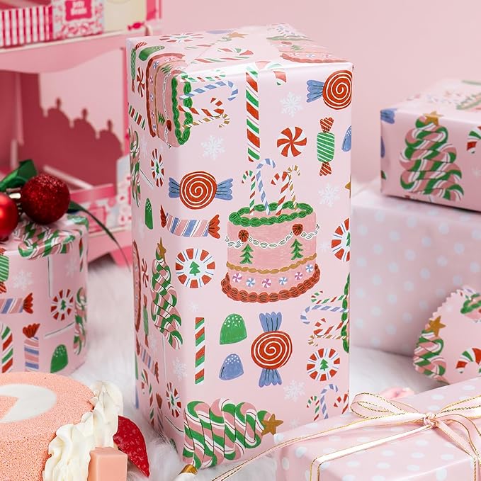 MAYPLUSS Christmas Wrapping Paper Roll - 17 In x 33 Feet - Cute Pink Christmas Candy Cane Cake Reversible Polka Dot Gift Wrap Paper for New Year, Holiday, Kids