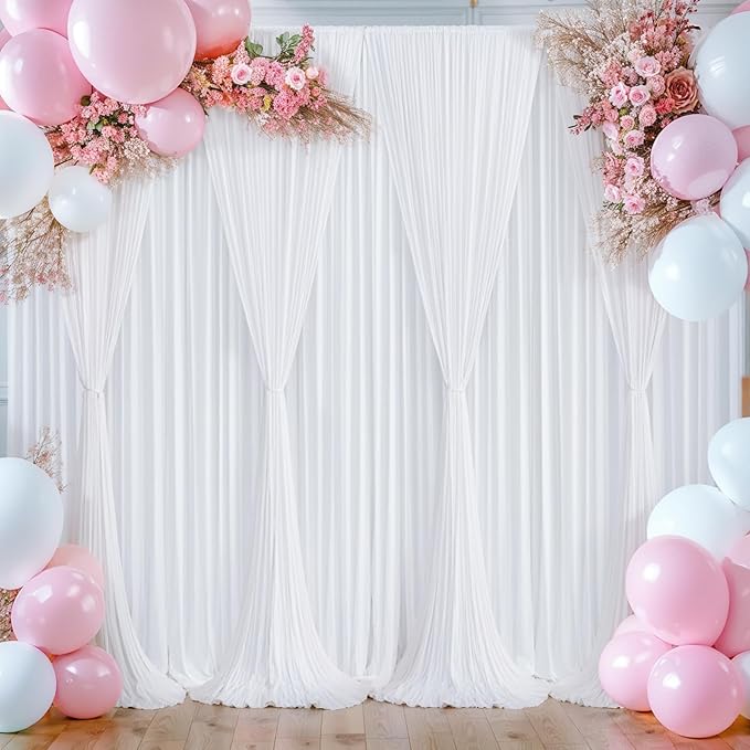 White Backdrop Curtains 6 Panels, 10 Feet Wrinkle-Free Polyester Photography Backdrop Drapes for Wedding Baby Shower Party Background Backdrop Stand- 24 X10FT (White)