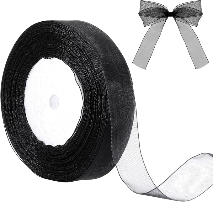Black Organza Ribbon, 49 Yards Black Chiffon Fabric Mesh Ribbon for Gift Wrapping, 4/5 Inch Flower Bouquet, Bows, Crafts, Christmas Halloween Decoration