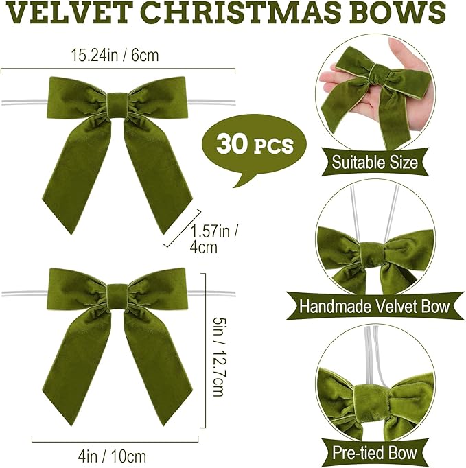 30 Pcs Velvet Ribbon Bows 5" x 4" Pre Tied Christmas Velvet Bows with Twist Tie for Gift Packaging Christmas Tree Wreaths Door Windows Wedding Party Decoration(Moss Green)