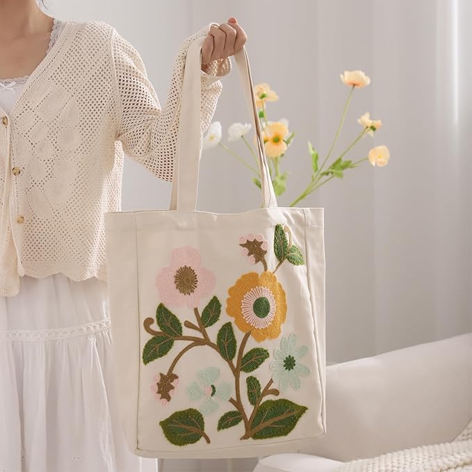Aesthetic Embroidery Tote Bag for Lady Cute Reusable Canvas Shoulder Bag for Girls Women Shopping Grocery