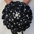Bridal Wedding Bouquet Round Bling Brooch Bouquet Throw Toss Artificial Rose Flower Bunch for Bride Bridesmaid Wedding Quinceanera(Black, 9.8")