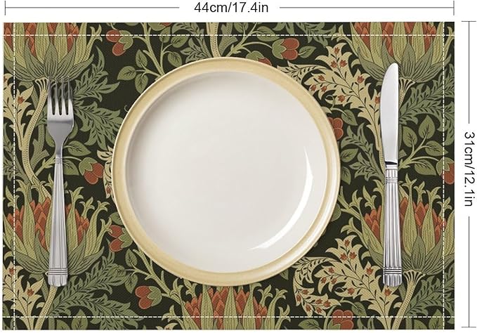 Vintage Boho Florals Placemats Set of 6, William Morris Retro Botanical Plant Foliage Place Mats, Heat Resistant Non Slip Cotton Linen Dining Table Mats for Home Kitchen Party 18x12 Inch