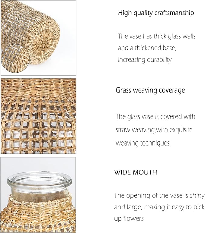 WHJY Boho Glass Vase, Rattan Vase, Farmhouse Rattan Décor, Round Flower Vase Basket Vase for Floral Arrangements -6.3 inch