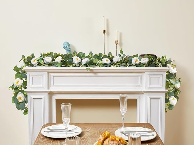 4 Pack Artificial Eucalyptus Flower Garland with White Roses, Faux Floral Greenery Garland Fake Flower Vines for Wedding Party Centerpiece Table Runner Arch Party Backdrop Decor (4PCS, White)