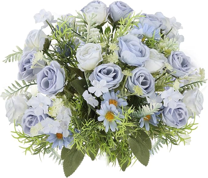 3 Pack Artificial Flowers Bouquet Fake Flowers Plants Blue Faux Flower Arrangements for Wedding Home Centerpieces Decor