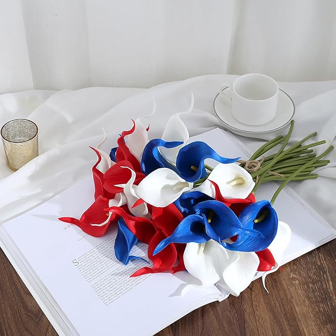 24 Pcs Patriotic Calla Lily Flower 4th of July Artificial Flowers Fake Blue White Red Silk Flowers Real Touch for Independence Memorial Day