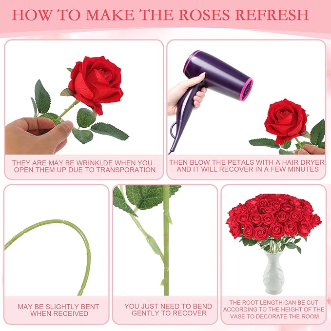Hananona 50 Pcs Artificial Roses in Bulk, Fake Silk Red Roses Realistic Roses for Wedding Centerpieces Flower Arrangement Home Decor (50, Red)