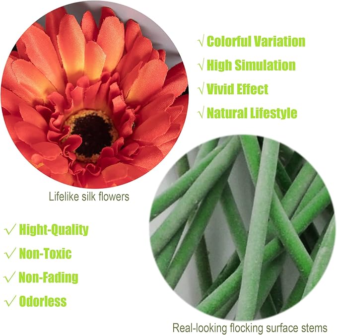 12pcs Artificial Gerbera Daisies,22 Inch Long Stem Silk Daisy Flowers,Realistic Artificial Flower Mums for Home Décor Centerpiece Wreath Supplies Wedding Bouquet,Orange