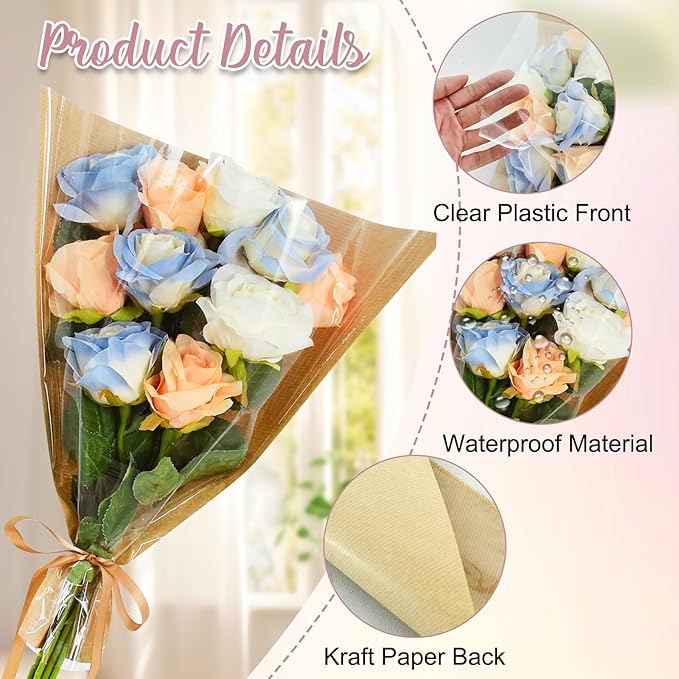 BEISHIDA 100 Pcs Flower Wrapping Bags, Bouquet Sleeves Kraft Paper 15.7 x 13.7 in Clear Flower Sleeves for Bouquets Florist Supplies, Mother's Day, Valentine's Day, Graduation