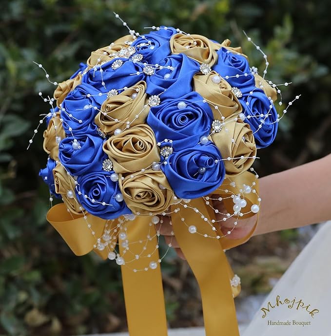 Bridal Wedding Bouquet Round Bling Brooch Bouquet Throw Toss Artificial Rose Flower Bunch for Bride Bridesmaid Wedding Quinceanera(Royal Blue & Gold, 9.8")