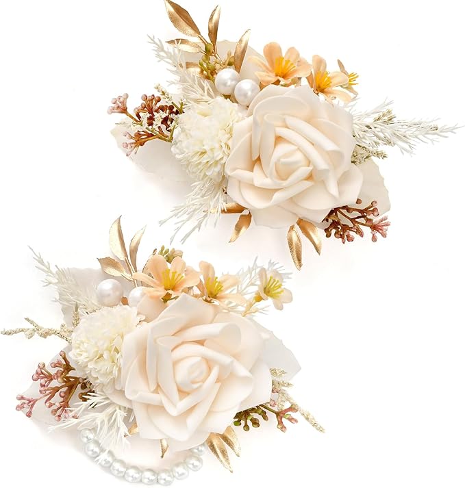 Serwalin Champagne Corsage and Boutonniere Set 𝟮𝙥𝙘𝙨, 𝟲-𝟳 𝙄𝙣𝙘𝙝 Boutonniere and Wrist Corsage Wristband Prom Flower Wedding Flowers Accessories Prom Suit Decorations Cake Topper