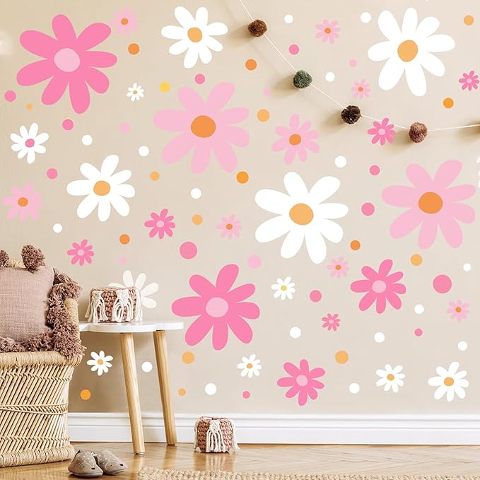 Glow in The Dark Big Daisy Wall Decals，Glowing Luminous Large Cute Daisy Wall Stickers Colorful Removable self-Adhesive Pink White Flower Decals for Girls Bedroom Kids Baby Nursery Living Room Decor