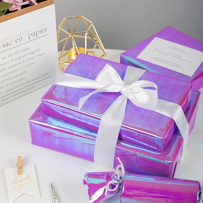 Yarcony Purple Wrapping Paper Roll - 17Inch x 33Feet - Thick Luxury Holographic Iridescent Texture Girls Gift Wrap Paper for Birthday, Wedding, Bridal Shower, Valentine's Day, Christmas, Holiday