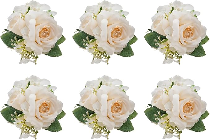 Meldel Champagne Pocket Boutonniere for Men Wedding,Set of 6,Groom Groomsman Boutonnieres Artificial Rose Hydrangea Berry Corsage for Prom Ceremony Party Homecoming