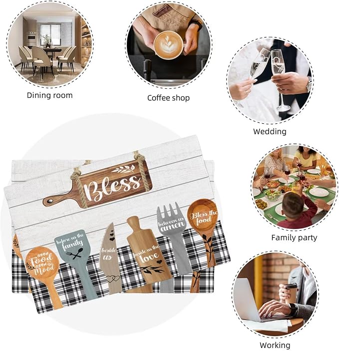 Fork Spoon Kitchen Table Placemats Set of 6 Retro Wooden Tableware Print Placemat Indoor Outdoor Party Home Desktop Dining Room Decoration 12x18 Inch