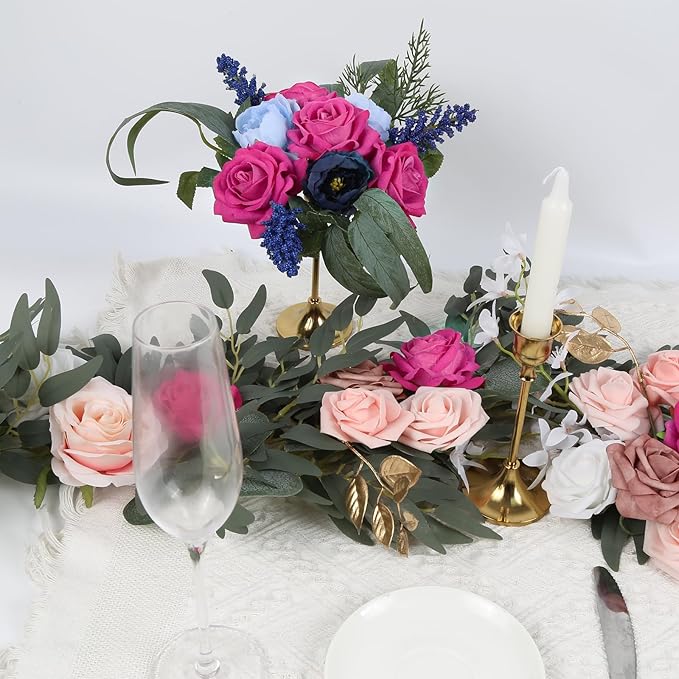 Hot Pink Roses 16pcs Velvet Artificial Roses with Stems Hot Pink Artificial Flowers 3.15" for Bridal Bouquet Wedding Flowers for Floral Centerpieces Home Party Decor (Hot Pink)