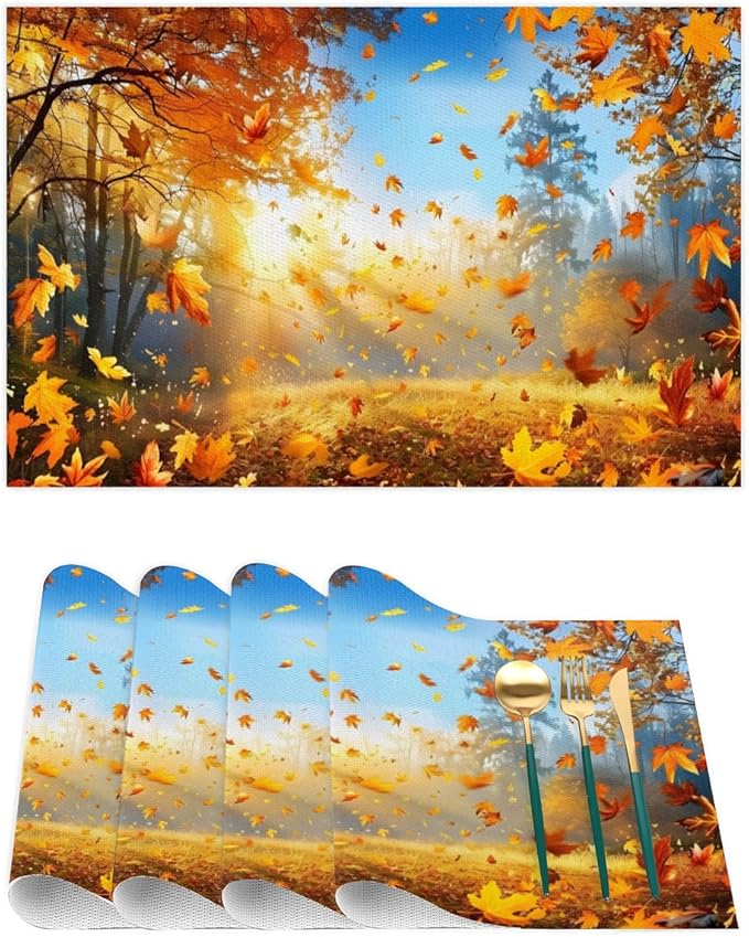 Forest Tree Fall Leaf Placemats Set of 6 PVC Vinyl Non Slip Table Mats Heat Resistant Place Mats Washable Wipeable Dining Table Mat for Kitchen Decor Party Indoor Outdoor Decorative Gift