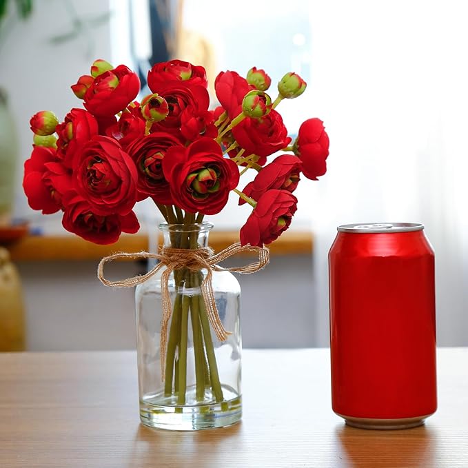 Ranunculus Artificial Flowers with Vase, 2 Pack - 8 Pcs Faux Silk Ranunculus Flower in Vase, Small Flowers Arrangements for Home Decor Indoor, Table Centerpiece. (Red)