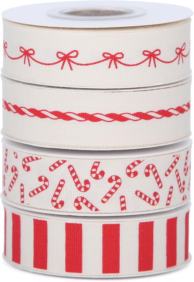 4 Rolls 20 Yards 5/8 Inch Christmas Candy Peppermint Ribbon Red and White Stripe Cotton Ribbons for Gift Wrapping, Wreath,Tree Decoration, Outdoor Deco (Red)