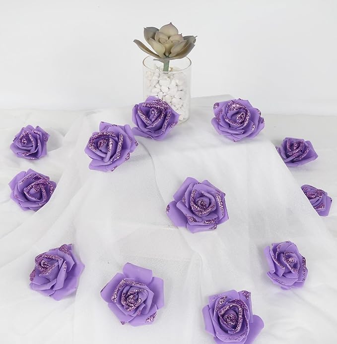 100pcs Purple Glitter Roses 2.56" Foam Glitter Flowers Fake Roses Purple Flowers Artificial Roses for Bridal Shower Centerpieces DIY Wedding Flower Floral Arrangements (Purple)