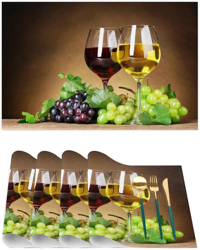 PVC Placemats Set of 4 Grape Red Wine Glass Wipeable Table Mats Washable Heat Resistant Non Slip Vinyl Dining Table Mat for Kithen Indoor Outdoor Patio Farmhouse Place Mats Decorative