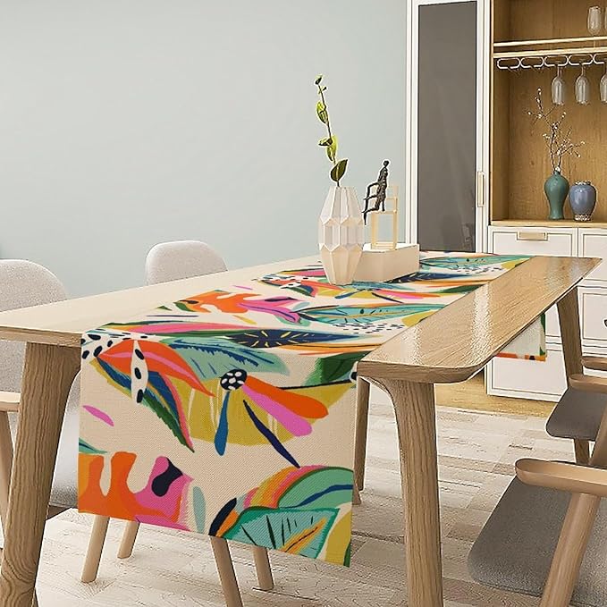 Colorful Flower Table Runner,Abstract Flower Blossom Botanical Pattern Print Tablecloth Burlap for Hotel Indoors Outdoor Dining Room Kitchen Table Decor, 13x60in