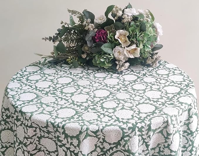 ATOSII Shalimar Green 100% Cotton Round Boho Fall Tablecloth, Handblock Floral Table Cloth Linen for Kitchen Dining I Parties Wedding Outdoors Christmas Thanksgiving I Fall Home Decor 60" Inches Round