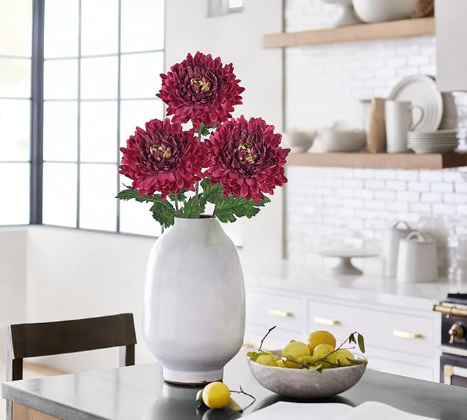 Hollyone 3Pcs Fake Mums Flowers Red Artificial Chrysanthemum Flowers Silk 30" Long Stem Floral Arrangements Bouquets Faux Spider Mum Flower Pincushion Flower Bush Spring Home Decor
