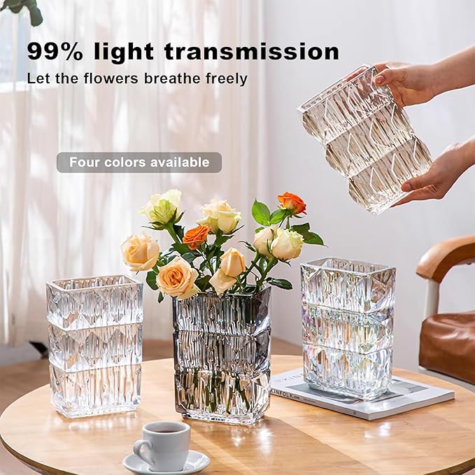 Glass Flower Vase, Clear Crystal Vases for Centerpieces, Heavy Handmade Modern Vases for Decor Home Bedroom Kitchen Office Living Room, 7.88 Inch (Clear Gray)