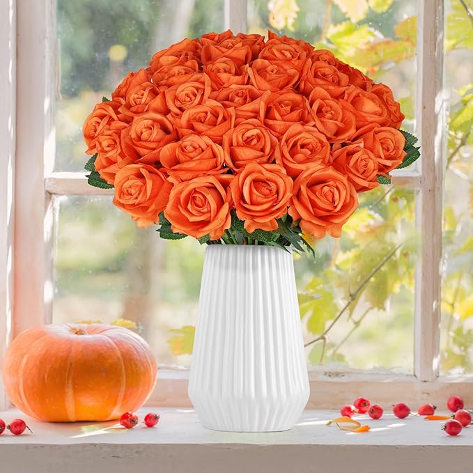 30pcs Fake Roses Artificial Silk Flowers Long Stems Bouquet for Wedding Bridal Shower Party Home Decoration (Orange)