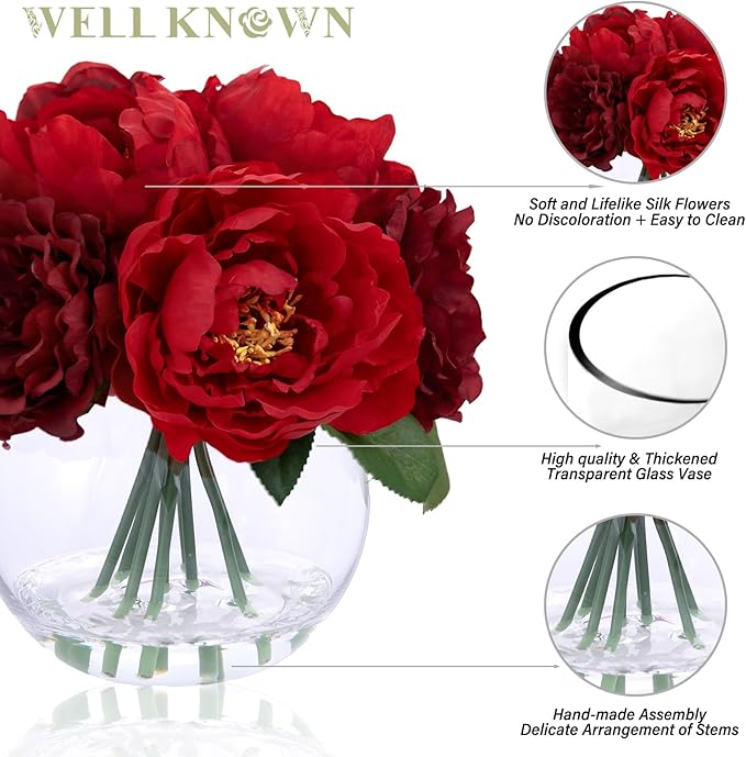 WELL KNOWN Artificial Flowers in Vase, Silk Peonies Flowers for Vase with Faux Water, Fake Flower Arrangements for Thanksgiving Fall Winter Coffee Dinning Table Centerpieces Decor (Burgundy Red)