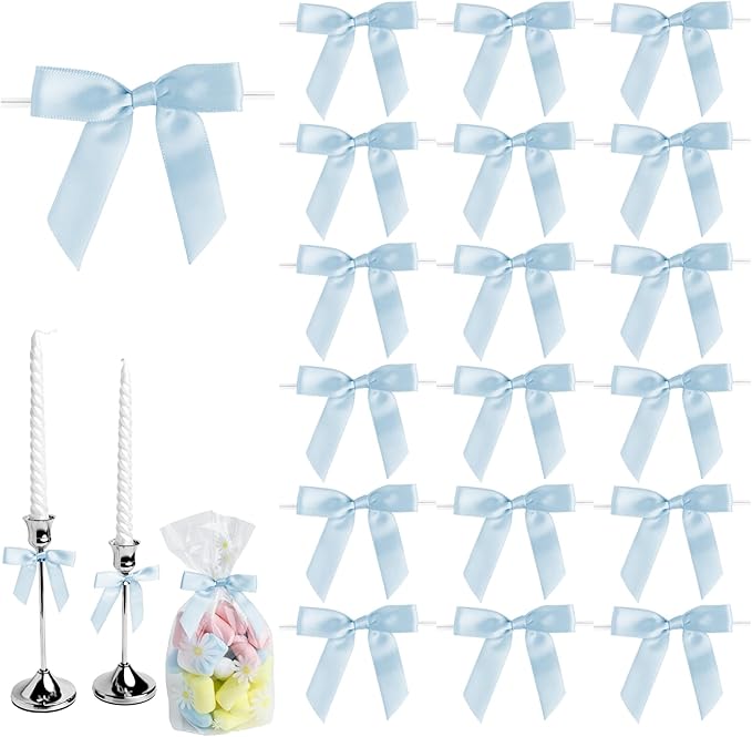 50 PCS Light Blue Twist Tie Bows 2.5" Satin Ribbon Bows Decor for Gift Wrapping Craft Treat Bags Cake Pop Basket, Wedding Baby Shower Birthday Party Favors