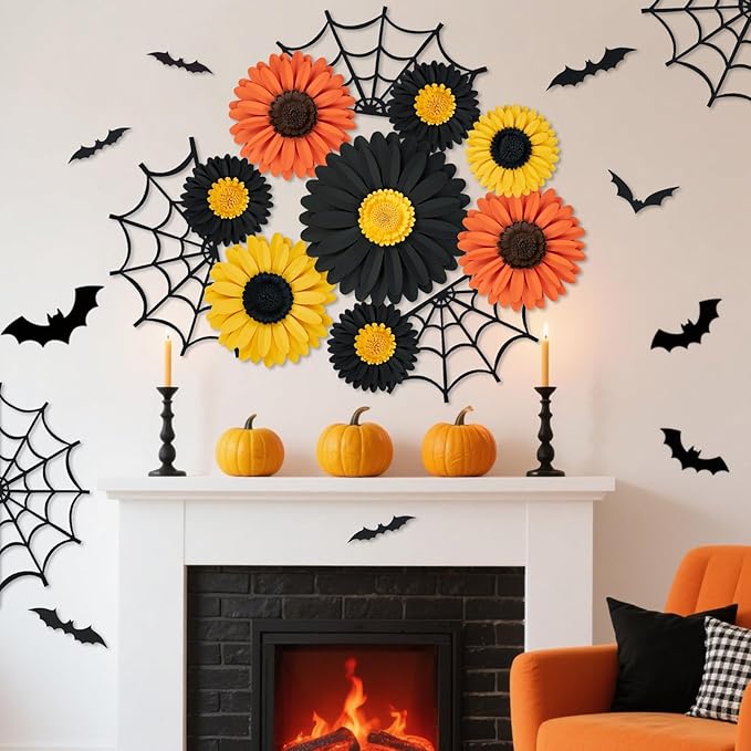 Paper Flowers Decorations for Wall, Black and Orange Party Decorations 3D Large Artificial Flower Hanging Paper Fans Fall Bulletin Board Decoration for Classroom Autumn Thanksgiving Window Fall Decal