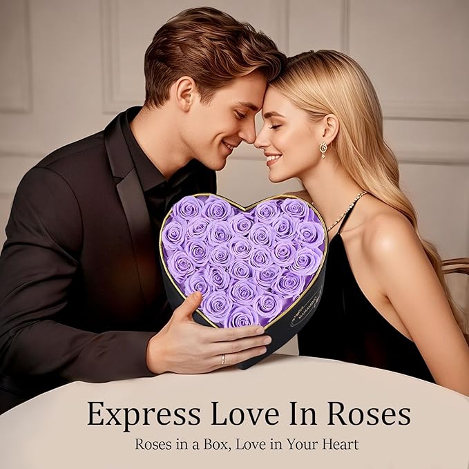 27 Preserved Roses in Heart Shape Gift Box for Her - Forever Flowers for Delivery, Eternal Rose Mothers Gifts for Mom, Wife Anniversary Birthday Gifts for Women, Purple