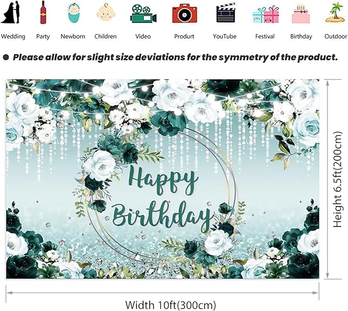 Renaiss 10x6.5ft Floral Happy Birthday Backdrop for Woman Fabric Green White Flowers Blooming Flower Photography Background Shinning Diamond Photo Backdrops for Birthday Party Supply