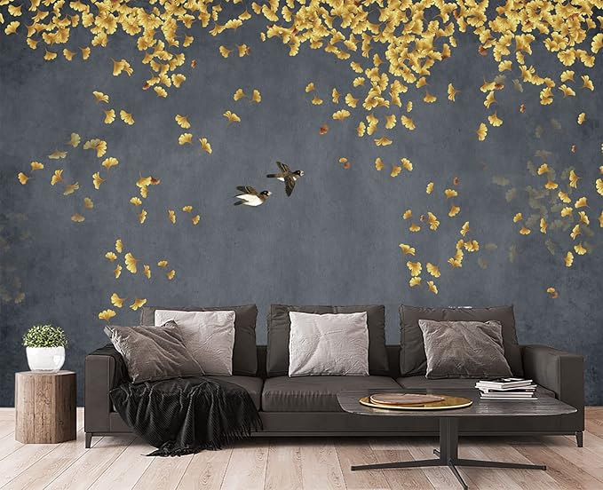 Ginkgo Leaf Flower Bird Wall Mural Wallpaper for Bedroom 103" x 69"