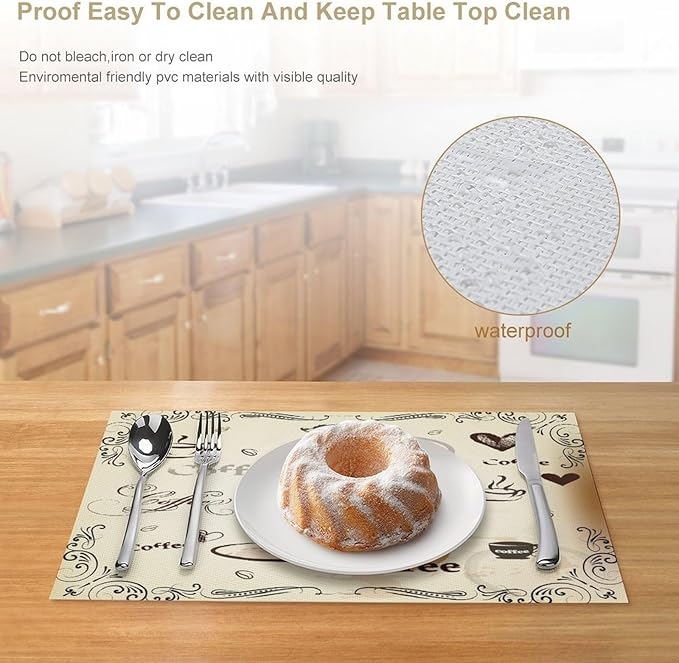Coffee Kitchen Placemats Vintage Rustic Coffee Theme Latte Tea Cup Cappuccino Placemats Table Kitchen Dining Party 12x18 Inch Set of 4
