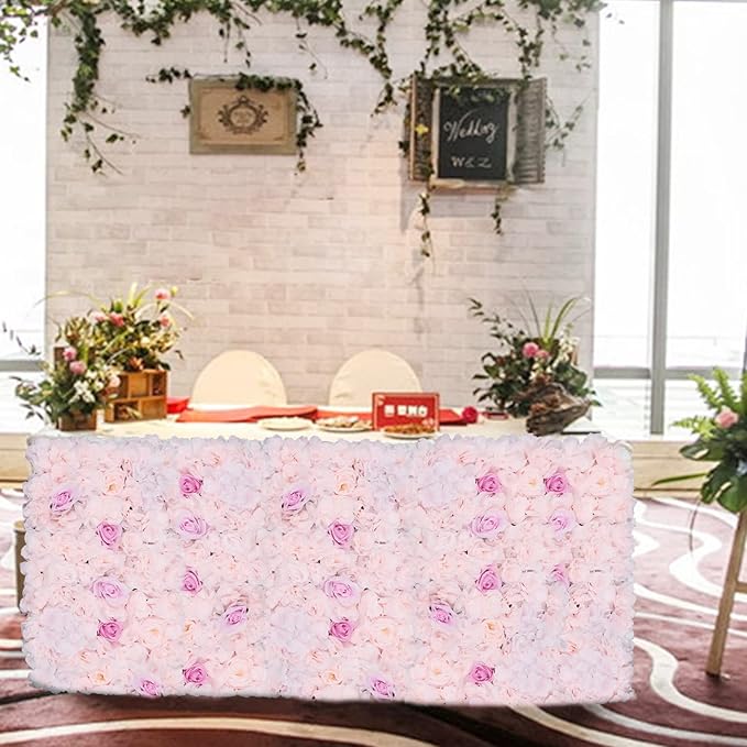 4Pcs Artificial Flower Wall Panel,3D 16" X 24" Silk Rose Mat Artificial Flower Wall,Rectangle Decorative Backdrop Flower Panels Wall for Bridal,Patio,Garden,Yard Decor(Light Pink, Champagne)