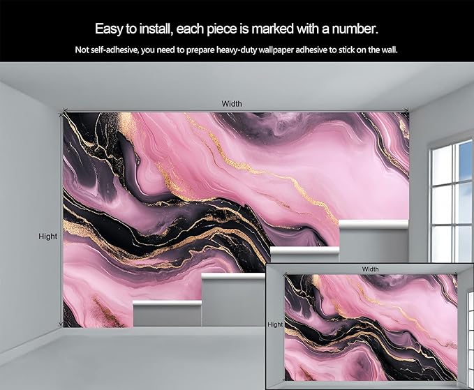 Pink Black Marble Wall Mural, Luxury Fluid Art 3D Wall Murals, Gold Vein Abstract Marble Wallpaper Mural, for Living Room Bedroom Large Wallpaper Indoor Decor 197" W x124.8 H
