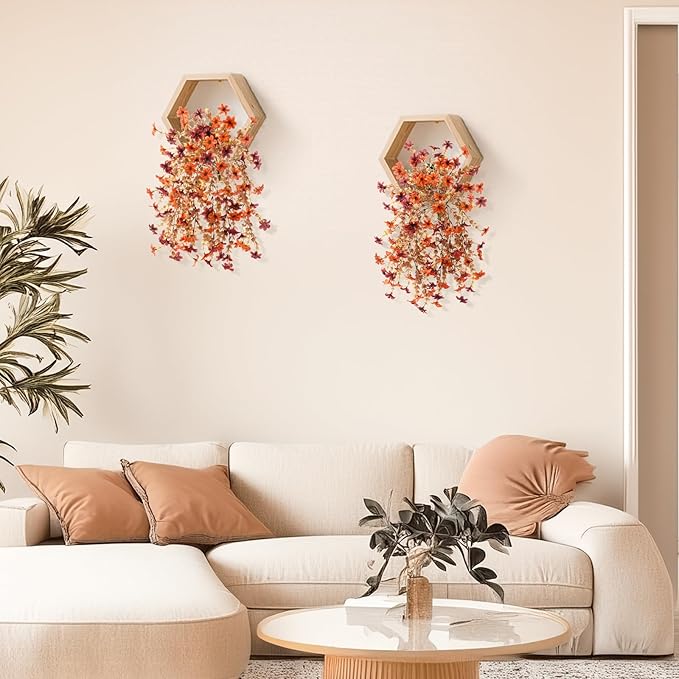 Artificial Faux Mums Fall Flowers for Outdoor Autumn Decoration,2 PCS Fake Silk Daisy Flowers Plant Eucalyptus Leaves Realistic UV Resistant for Front Porch Patio Balcony Yard Home Decor(Orange Brown)